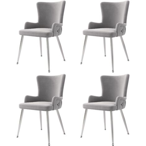 Juego de 4 sillas de comedor minimalistas modernas de terciopelo gris con cuatro patas de metal plateado, ideales para oficina en casa, sala de estar y dormitorio. (1/5)