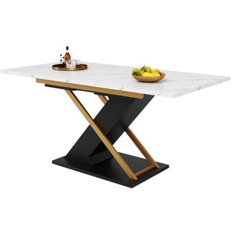 Mesa de comedor extensible de cocina, de MDF blanco, con patas cruzadas doradas, ideal para reuniones familiares y cenas en restaurantes. (1/5)
