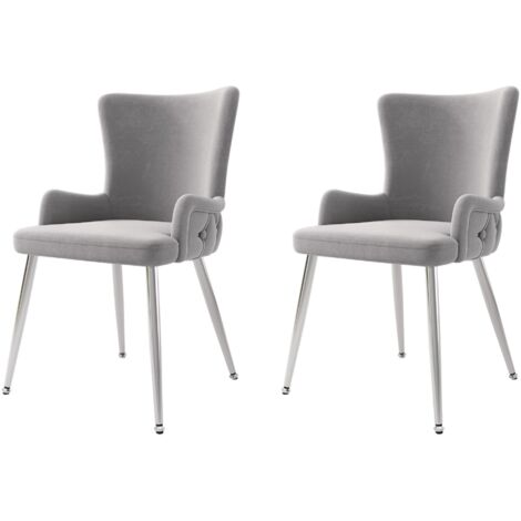 Juego de 2 sillas de comedor minimalistas modernas de terciopelo gris con cuatro patas de metal plateado, ideales para oficina en casa, sala de estar y dormitorio. (1/5)