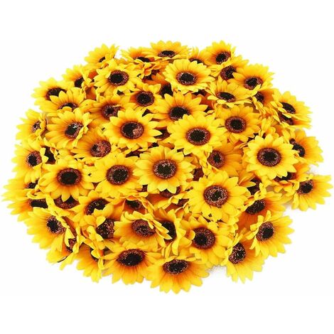 100 Uds cabeza de flor artificial seda amarillo girasol flores Deco para DIY pastel corona broche envoltura flor arreglo-4CM (1/5)