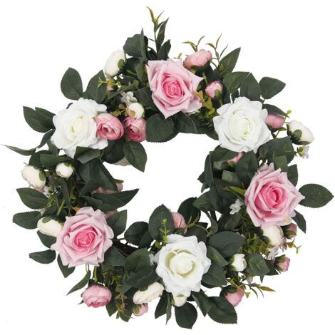 Guirnalda de flores de peonía artificial Guirnalda de puerta delantera de seda hecha a mano con hojas verdes para la decoración de la boda del hogar de la pared (corona de rosas, 35 cm) (1/5)