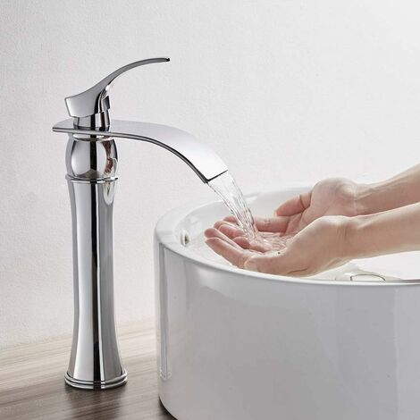 Grifo para lavabo de baño, grifo mezclador para lavabo de latón cromado con cascada de caño alto (1/4)