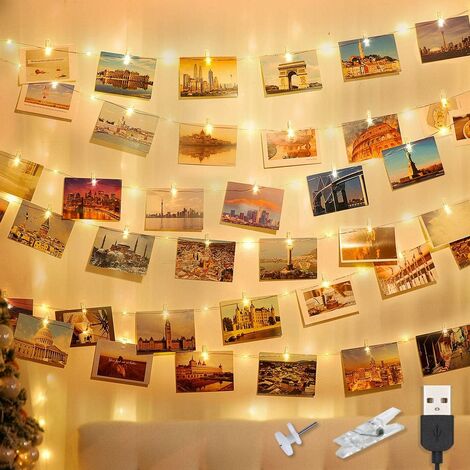 Luces de hadas para fotos, 3M 20 LED Luces de hadas para dormitorio Luces de hadas para fotos con 20 clips para fotos Luces de hadas LED para fotos Decoración interior para colgar fotos, blanco cálido (1/5)