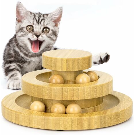 Juguetes interactivos giratorios de madera para gatos de doble capa, juguetes de pelota juegos laberinto, juguete para gatos de 2 capas (bambú)