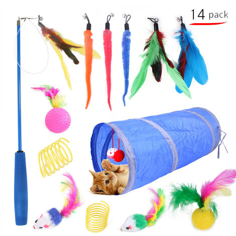 Juguetes para gatos, 14 piezas, juguete para gatos, juguete con plumas para gatitos y gatitos, juguete con plumas, túnel, pelotas, ratón y pelotas con bolsa de almacenamiento (1/5)