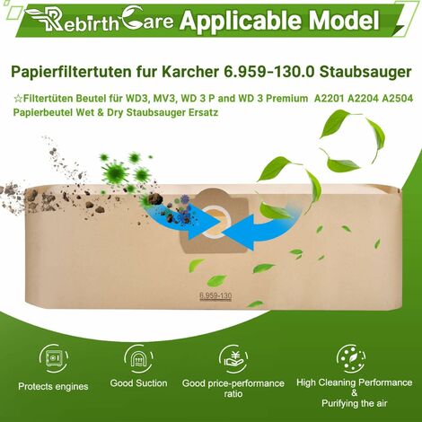 Rebirthcare 10 bolsas + 1 filtro para aspiradora Kärcher WD3 WD3P