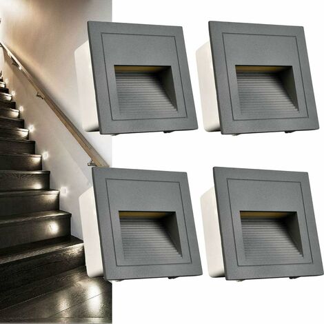 ZOLGINAH Juego de 4 luces LED empotrables de pared cuadradas, blanco frío IP65, luces de escalera, luces de paso, aluminio, iluminación y luces decorativas, carcasa gris (1/5)