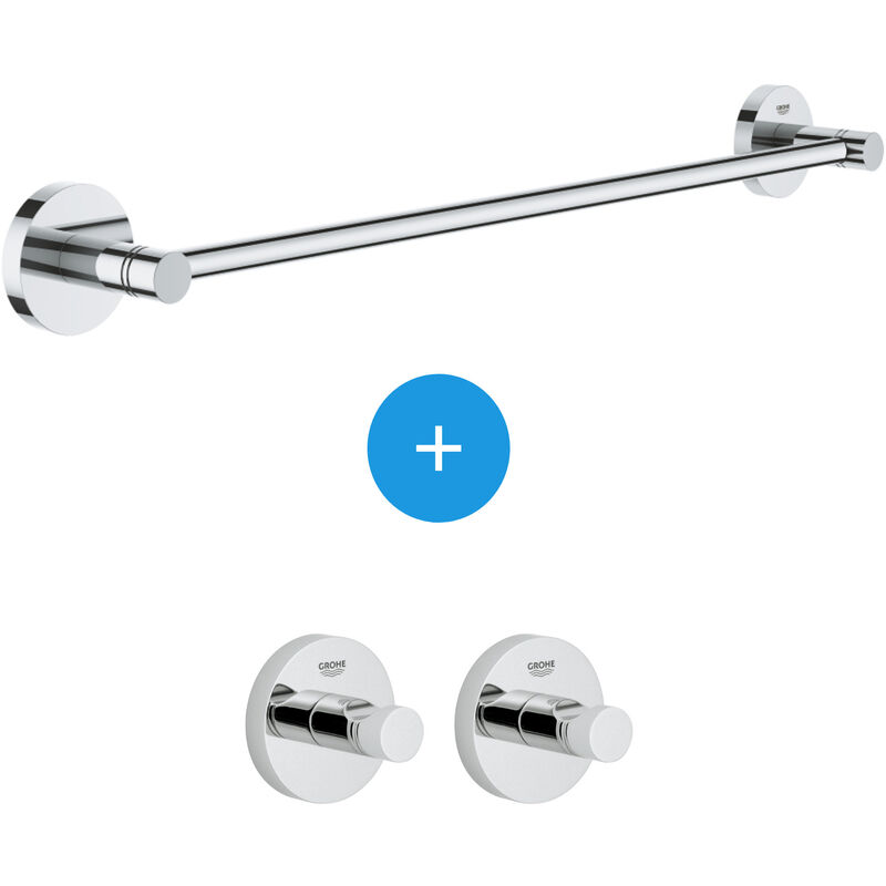 Grohe Essentials Set di 2 ganci da parete con fissaggio invisibile + Porta  asciugamani in metallo (40364001 + 40688001)