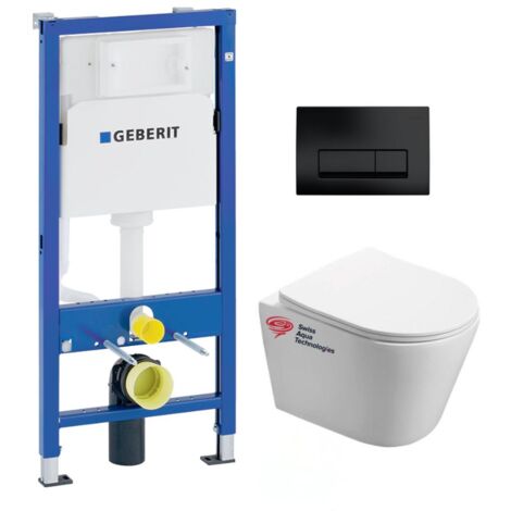 Pack WC Bati-support Geberit + WC Swiss Aqua Technologies Infinitio senza flangia + piastra Delta 50 nero opaco
