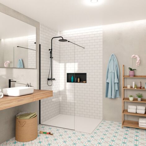 Swiss Aqua Technologies Porta doccia Walk-In Parete in vetro 100x200cm 8 mm anticalcare Crystal Glass®, con bracci e profili nero opaco (SATBWI100PRC) (1/5)