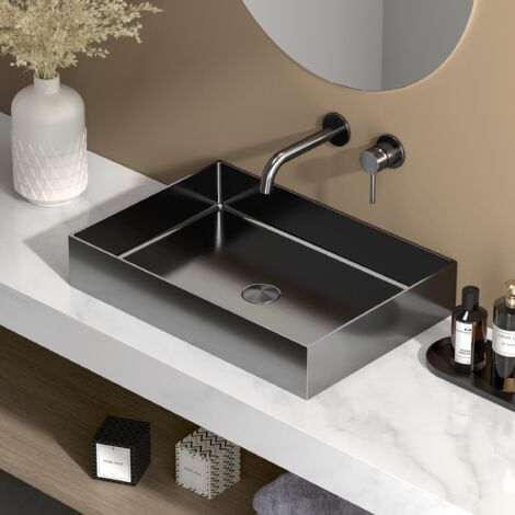 Ceramia Timeless Lavabo da appoggio, acciaio inox 304, 55x38x11 cm, senza troppopieno + piletta, gun metal spazzolato PVD (TMLW-5538BGM)