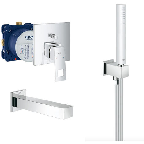 Grohe Eurocube Set Miscelatore meccanico e corpo incasso + bocca vasca StarLight + doccetta a bastone 1 getto, Cromo (24062cube-Bath)