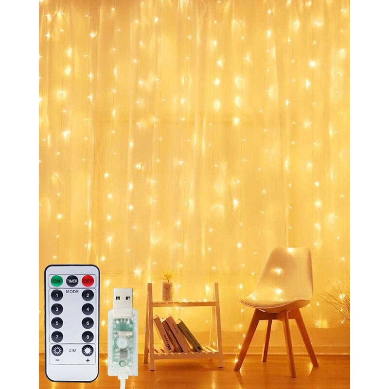 3M*3M Tenda Luminosa, 300LED Tenda Luci Natale Bianco Caldo / Colorato 8  Modalità Dimmerabile Impermeabile USB Luci LED Tende Luminosa Interno/Esterno  con Telecomando et Timer per Casa Matrimonio Deco : : Illuminazione