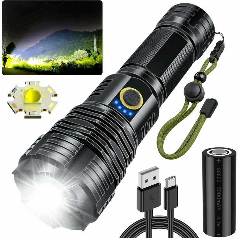 X.Store Torcia LED Professionale Potente 10000 Lumens, Ricaricabile USB  XHP70 5 Modalità Impermeabile Zoom Militare Torcia Elettrica, Alta Potenza  Torce con 18650 Batteria per Attività All'aperto : : Fai da te