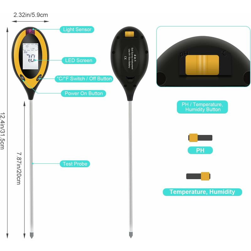 Misuratore di pH del Suolo, Tester di Umidità/Luce/pH/Temperatura del Suolo  4 in 1 Kit di Attrezzi da Giardinaggio per la Cura delle Piante, Misuratore  del Suolo Ideale per Giardino, Batteria Inclusa