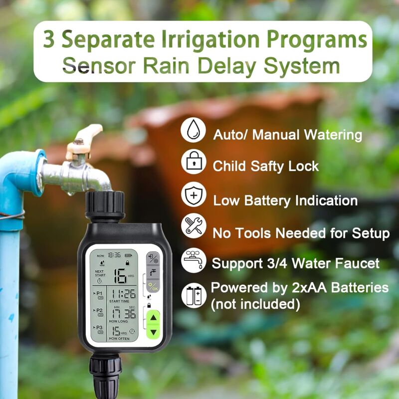 MINKUROW Sensore Pioggia Timer Tubo Timer Irrigazione Con 3 Programmi  Separati Sistema Automatico Di Irrigazione Da Giardino Ampio Schermo Lcd  Timer Irrigatore Impermeabile Per Prato Da Giardino