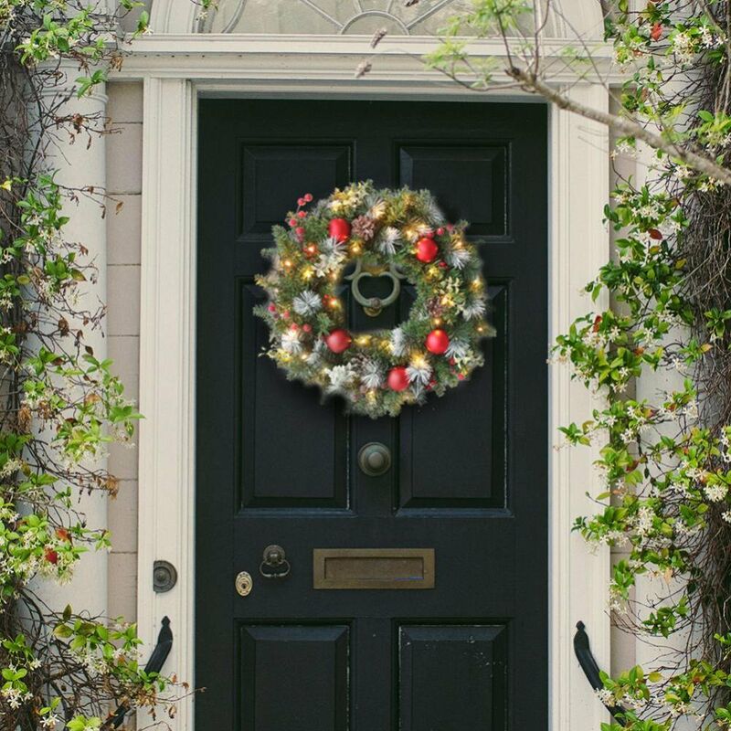 MINKUROW Porta Ghirlanda Di Natale 40 Cm Ghirlanda Led Fiori Artificiali  Appesi Decorazione Natalizia Con Pigne Ghirlanda Albero Di Natale Ghirlanda