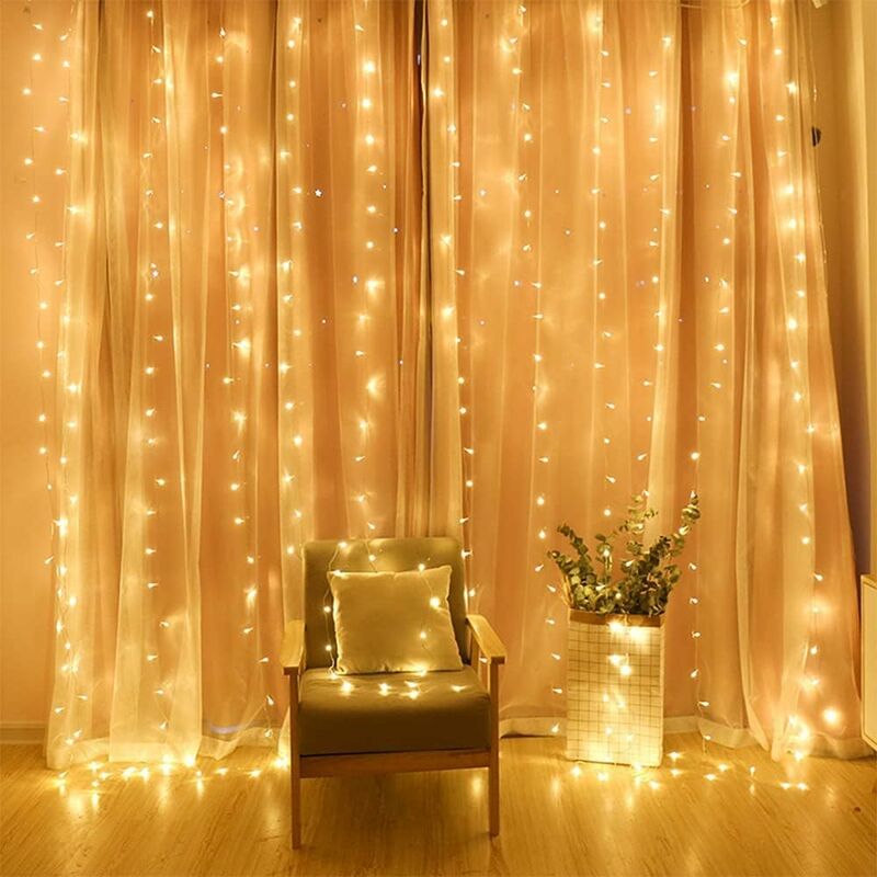 MINKUROW Catena Luminosa Per Tende, 300 Led 3x3m Luce Bianca Calda Con 8  Modalità Di Illuminazione, Luci Impermeabili Per Camera Da Letto Festa Di  Natale Matrimonio Casa Giardino Decorazione Da Parete