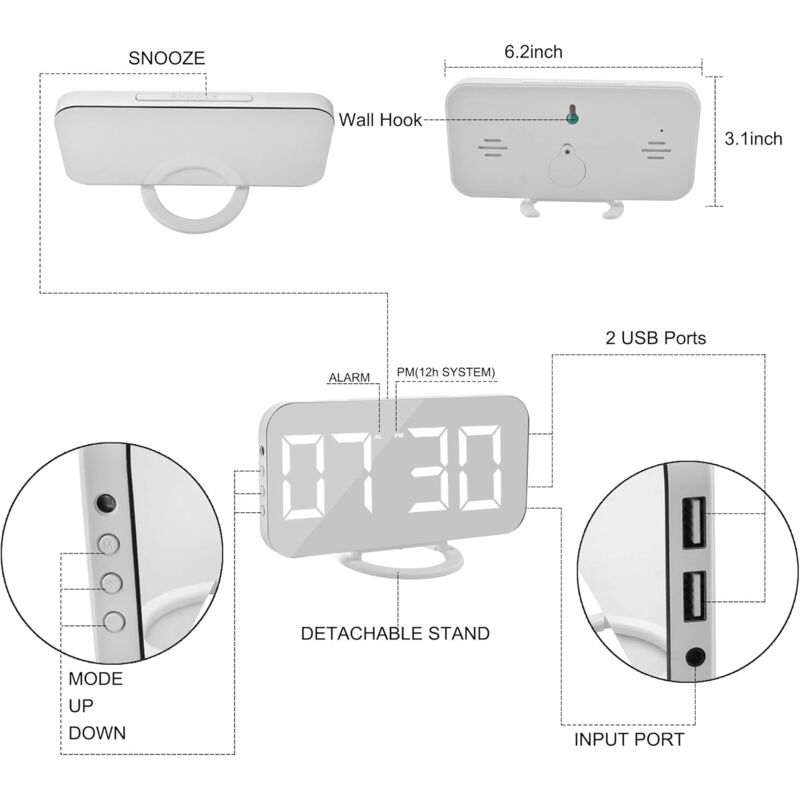 Trade Shop - Sveglia Orologio Bt506 Specchio Radiosveglia Digitale Lcd Led  Bluetooth Aux Usb