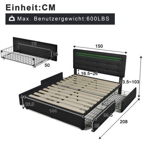 MINKUROW Struttura Letto Con Illuminazione Led E 4 Cassetti, Materasso  Incluso, Letto Matrimoniale Imbottito 140x200cm, Testiera