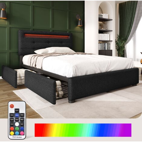 MINKUROW Struttura Letto Con Illuminazione Led E 2 Cassetti, Letto Singolo  Imbottito 90x200cm, Testiera Regolabile In