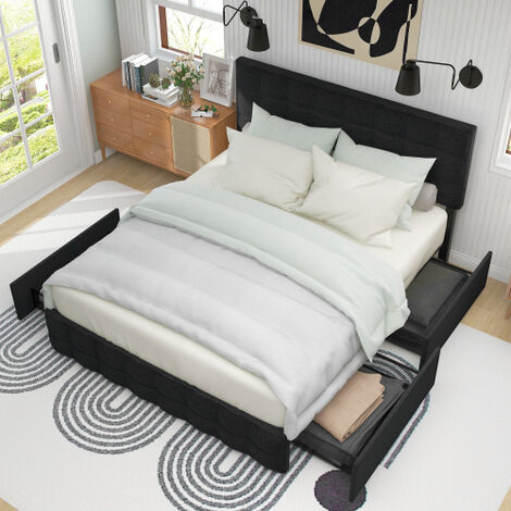 MINKUROW Letto Imbottito Con 4 Cassetti E Materasso A Molle, Letto Matrimoniale Con Rete A Doghe, Letto Con Spazio Di Archiviazione, Testiera Regolabile In Altezza E Cuciture Quadrate, Supporto A Dogh (1/5)