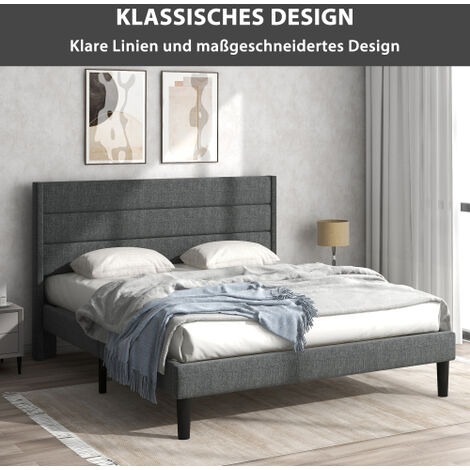 MINKUROW Letto Imbottito 140 X 200 Cm, Giroletto Con Rete A Doghe E Testiera, Letto Matrimoniale Imbottito, Rivestimento In Tessuto Di Lino Grigio Scuro, Design Moderno Senza Tempo, Letto Adolescente (1/5)