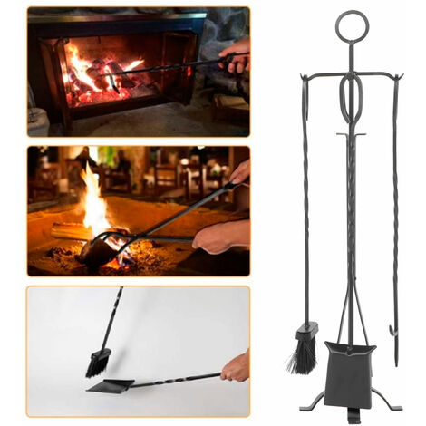5 pezzi/set kit di attrezzi per camino, spazzole in ferro battuto, pinze per pala, poker con accessori per supporto (1/5)