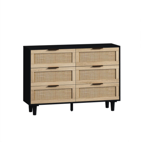 HOMCOM Mobile buffet in rattan con ante a battente effetto canna, ripiani regolabili, mobile contenitore per soggiorno, cucina, camera da letto, 136 x 41 x 70 cm, nero e legno naturale