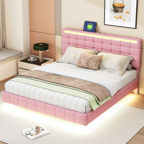Letto Matrimoniale 140x200 In Metallo Con LED RGB, Multipresa (2AC+2USB), Testiera Imbottita E Contenitore