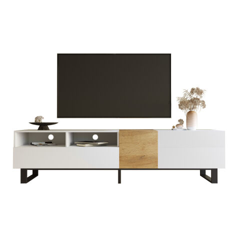 Mobile TV moderno bianco effetto legno, credenza TV soggiorno, design minimalista, 180 cm, porta TV con ripiani e cassetti, arredo salotto | Leroy Merlin
