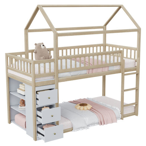 Letto A Castello A Forma Di Casa Per Bambini - 90x200 Cm Con Scale E 3 Cassetti - Foto 5