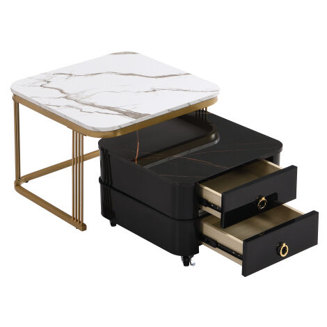 Tavolino Moderno Rettangolare 100x50x40 Cm Con Piano Lucido E 2 Cassetti – Effetto Marmo Con Bordi Dorati, Per Soggiorno