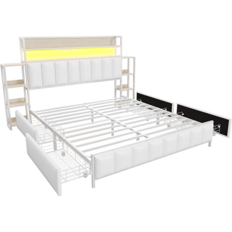 Letto Matrimoniale Con Testiera Imbottita E LED - 160x200cm, Ecopelle, Cassetti E Vani - Foto 2