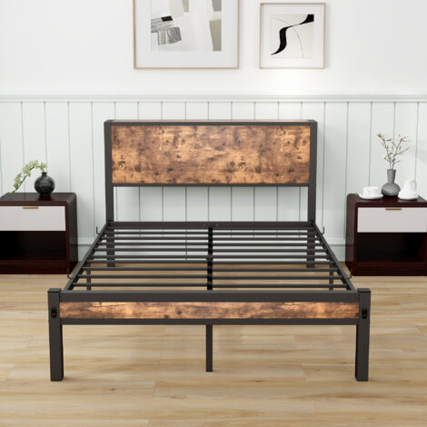 Letto Matrimoniale 140x200 Vintage In Legno E Metallo – Struttura Robusta Con Rete A Doghe E Contenitore