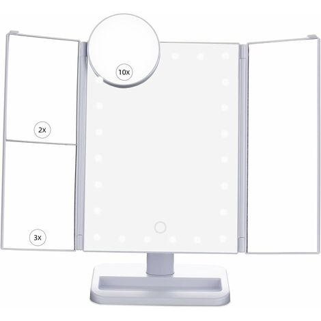 MINKUROW Specchio Per Il Trucco A Tre Ante A Led - Specchio Da Tavolo Pieghevole Con Due Modalità Di Alimentazione - Ingrandimento 1x/2x/3x/10x (Bianco)