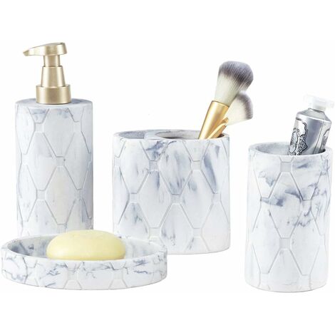 MINKUROW Set Da Bagno 4 Pezzi Accessori Bagno Effetto Marmo Kit Da Bagno Con Dispenser Di Sapone Liquido Bottiglia Portasapone Portaspazzolino Bicchiere Bianco+Oro Rosa+Grigio (1/4)