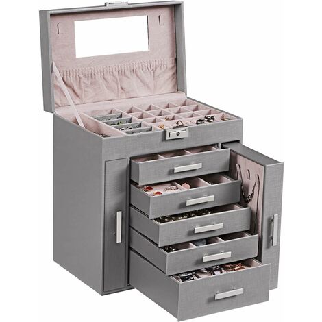 MINKUROW Portagioielli Portagioielli Da Donna 6 Ripiani E 2 Cassetti Per Collane Portagioie E Organizer Portagioie Grande Per Gioielli Collane Anelli Orecchini Orologi Grigio (1/5)