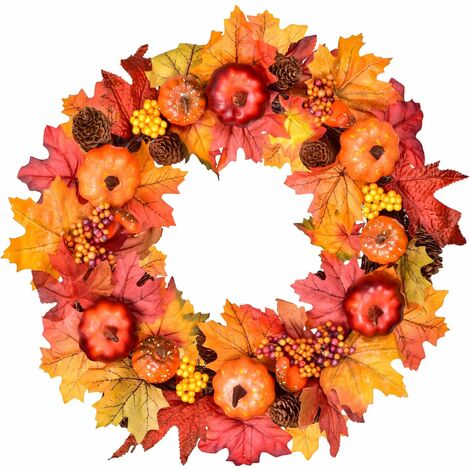MINKUROW Corona D'acero Artificiale Da 45 Cm Per Porta D'ingresso, Corona D'autunno Corona D'autunno Con Foglia D'acero Con Foglia D'acero, Zucca, Pigna, Bacca, Per Halloween, Ringraziamento, Decorazi (1/5)