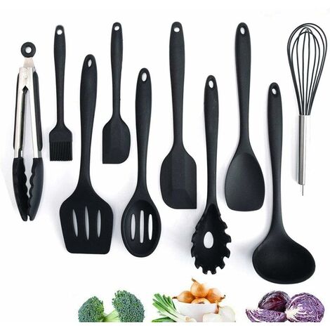 MINKUROW Set Di Utensili Da Cucina Da 10 Pezzi, Utensili Da Cucina In Silicone Nero, Set Avanzato Di Utensili Da Cucina In Silicone, Resistente Al Calore, Accessori Da Cucina, Utensili Da Cucina Antia (1/4)