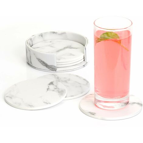 Sottobicchieri in pelle premium con supporto Set di 6 sottobicchieri da lavoro Sottobicchieri per casa, bar, ufficio, marmo (bianco), SOEKAVIA (1/5)