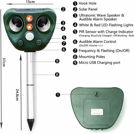 MINKUROW Repellente Per Gatti Da Esterno, Repellente Per Gatti Ad Ultrasuoni,  Repellente Per Cani, Carica Solare, Ricarica Usb Prevenire Cani E Gatti,  Uccelli, Per Giardini, Campi, Asili Nido, Imperme