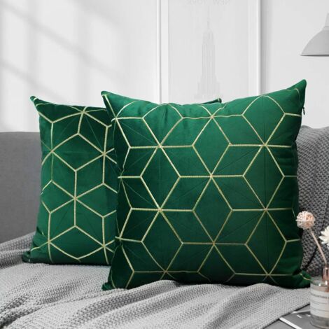 MINKUROW Fodera Per Cuscino In Velluto, 2 Pezzi Federa Quadrata Con Motivo Geometrico Ricamato In Oro, Fodera Per Cuscino Morbida Per Divano Del Soggiorno Auto, 45 X 45 Cm - Verde Scuro (1/5)