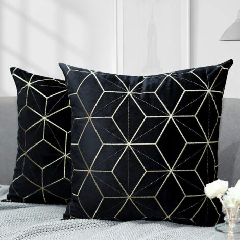 MINKUROW Fodera Per Cuscino In Velluto, 2 Pezzi Federa Quadrata Con Motivo Geometrico Ricamato In Oro, Fodera Per Cuscino Morbida Per Divano Del Soggiorno Auto, 45 X 45 Cm - Nero (1/5)