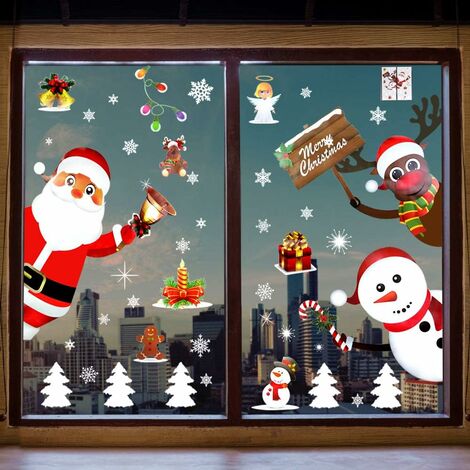 MINKUROW Bcc Adesivi Per Vetrine Di Natale Statici Adesivi Per Vetrine Grandi Babbo Natale Pupazzo Di Neve Renna Buon Natale Fiocco Di Neve Decorazione Per Finestre Negozio Per La Casa, Set Di 4