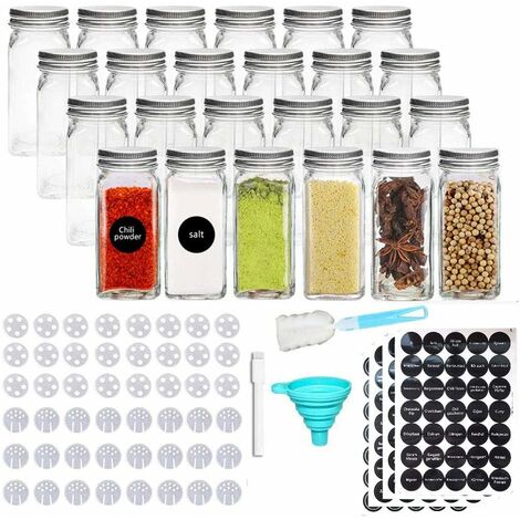 MINKUROW Confezione Da 24 Barattoli Per Condimenti - Barattoli Per Condimenti, Barattoli Di Vetro Quadrati, Capacità 120 Ml, Tappo Ermetico 10,5 X 4,3 Cm, Lavagna Ed Etichetta Trasparente, Coperchi Pe (1/5)