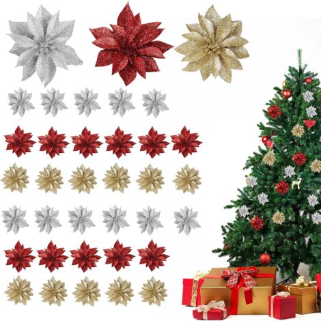 MINKUROW Poinsettia Di Natale Artificiale (Confezione Da 36) - Fiore Di Natale Glitterato Rosso, Oro E Argento Per Ghirlande E Ghirlande Natalizie - Fiori Di Natale Artificiali, Decorazioni Per L'albe (1/5)