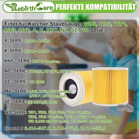 Rebirthcare - Set di 2 filtri a cartuccia di ricambio per aspirapolvere  Kärcher 6.414-552.0/64145520 WD3 Premium, WD2, WD3, WD3P, MV2, MV3, filtro  WD3