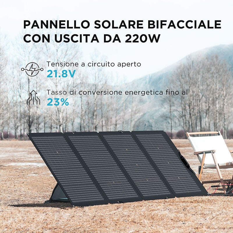 ECOFLOW 220W Pannello Solare Bifacciale Pieghevole con Supporto Regolabile,  Impermeabile IP68 e Durevole per la Vita Fuori Rete