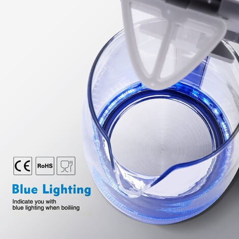 Aigostar Eve - Bouilloire de 1,7L et 2200W en verre borosilicaté avec illumination LED bleue. 0% BPA, protection contre l'ébullition à vide, arrêt automatique, filtre anticalcaire, base à 360°. Blanch